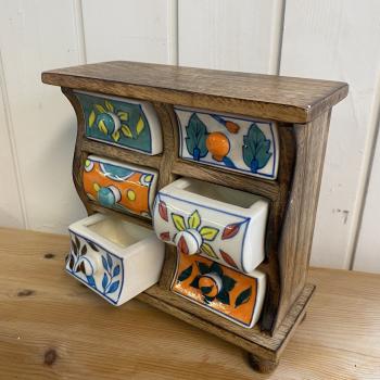 Holzbord 6 gewellte Keramikschubladen bunt 7x12x15 cm