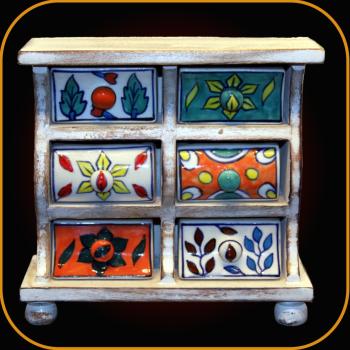 SHABBY Deko MiniSchränkchen mit 6 bunten Keramikschubladen für Gewürze/Schmuck