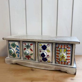 Holzbord 4 rundliche Keramikschubladen bunt 31x13x13 cm, Holz weiß