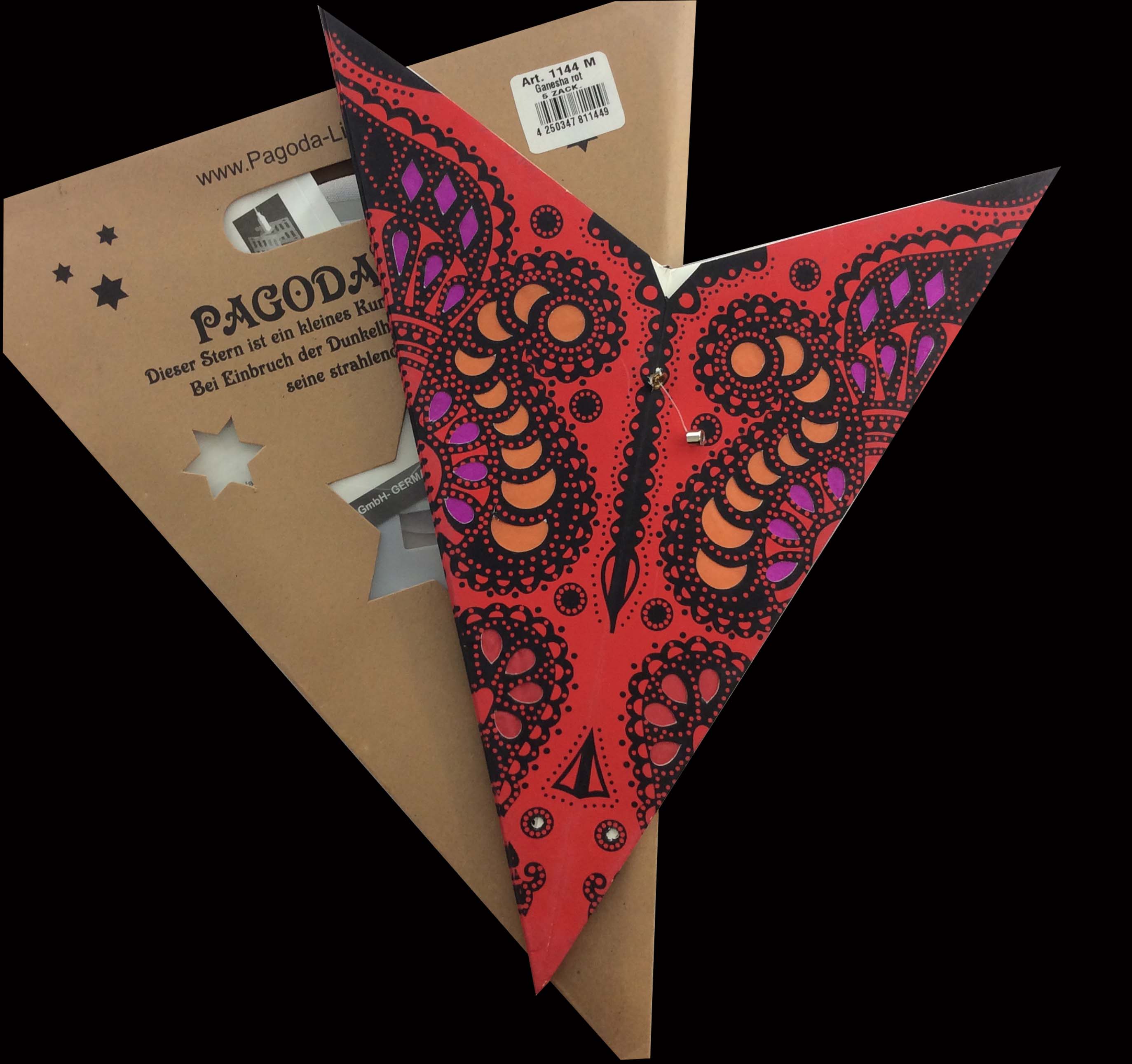 Pagodashop - Ganesha rot - Faltbarer Leuchtstern, Weihnachtsstern aus  Papier mit 5 Zacken, 60 cm