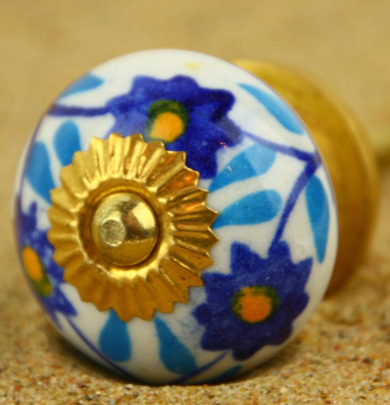 Keramik-Knauf weiß-blau Blumenmotiv
