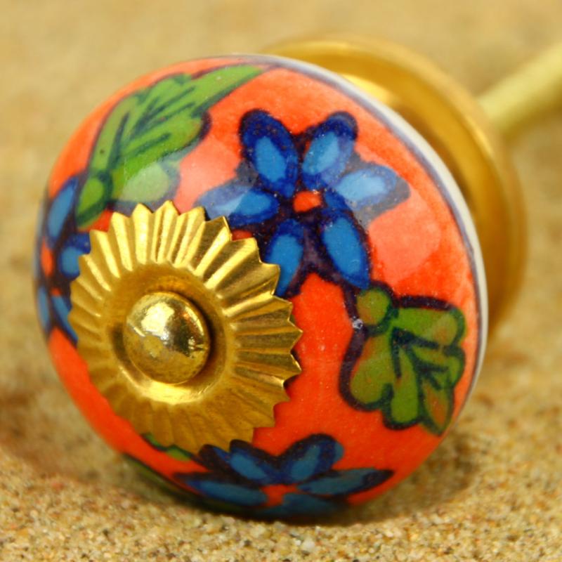 Keramik-Knauf rot-blau Blumenmotiv