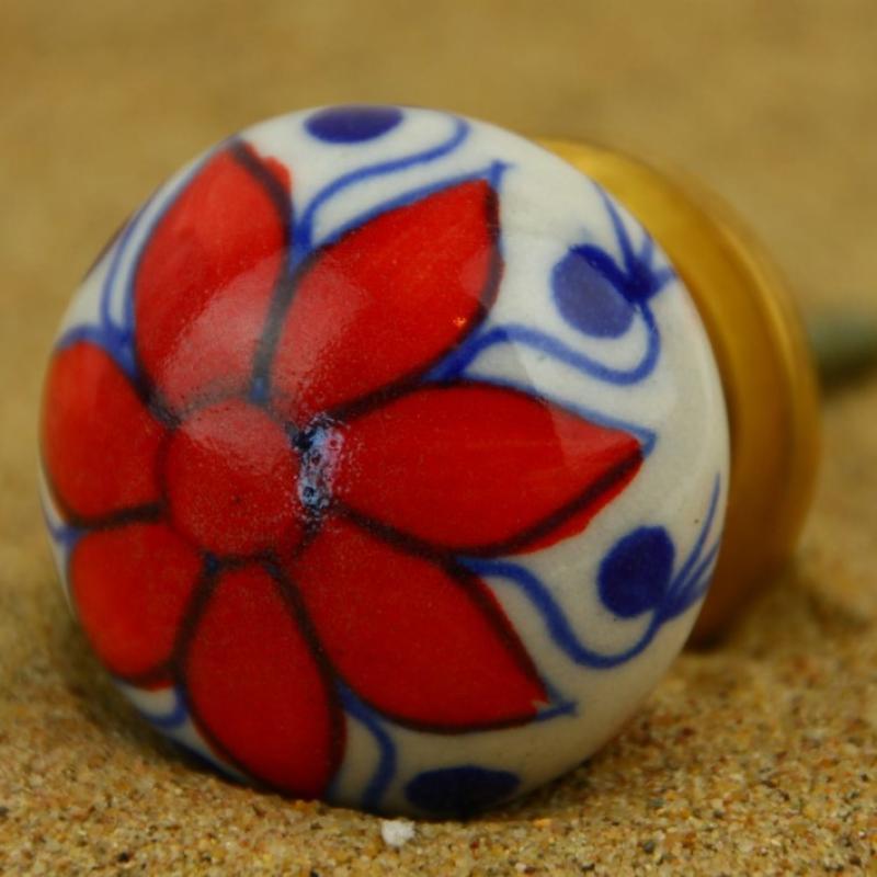 Keramik-Knauf rot-weiß Blume