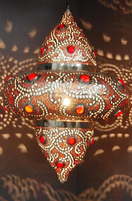 Hängelampe "JUWEL" Metall silberfarb.mit roten Steinen besetzt H 87 x B 55 cm